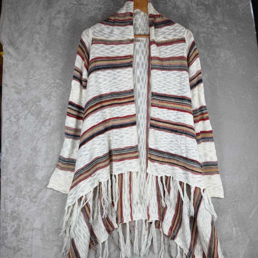 Boston Proper Women Medium Striped Fringe Open Front Cardigan Boho Multi-Color